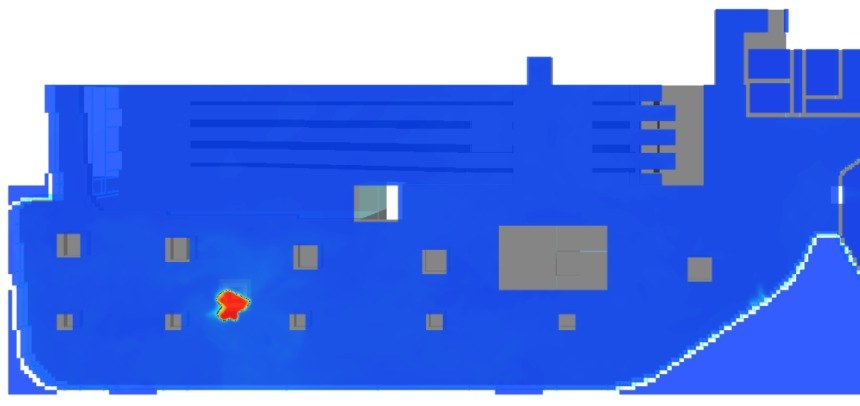 Our smoke model of a fire in the retail podium at Parkline Place, 20 minutes in